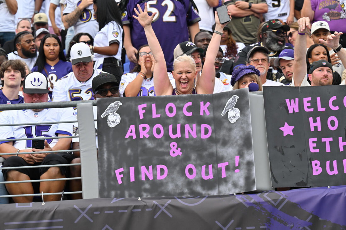 Sep 20, 2026; Baltimore, Maryland, USA; Baltimore Ravens fans cheer in the second half against the New Orleans Saints at M&T Bank Stadium. Mandatory Credit: Jamie Sabau-Imagn Images