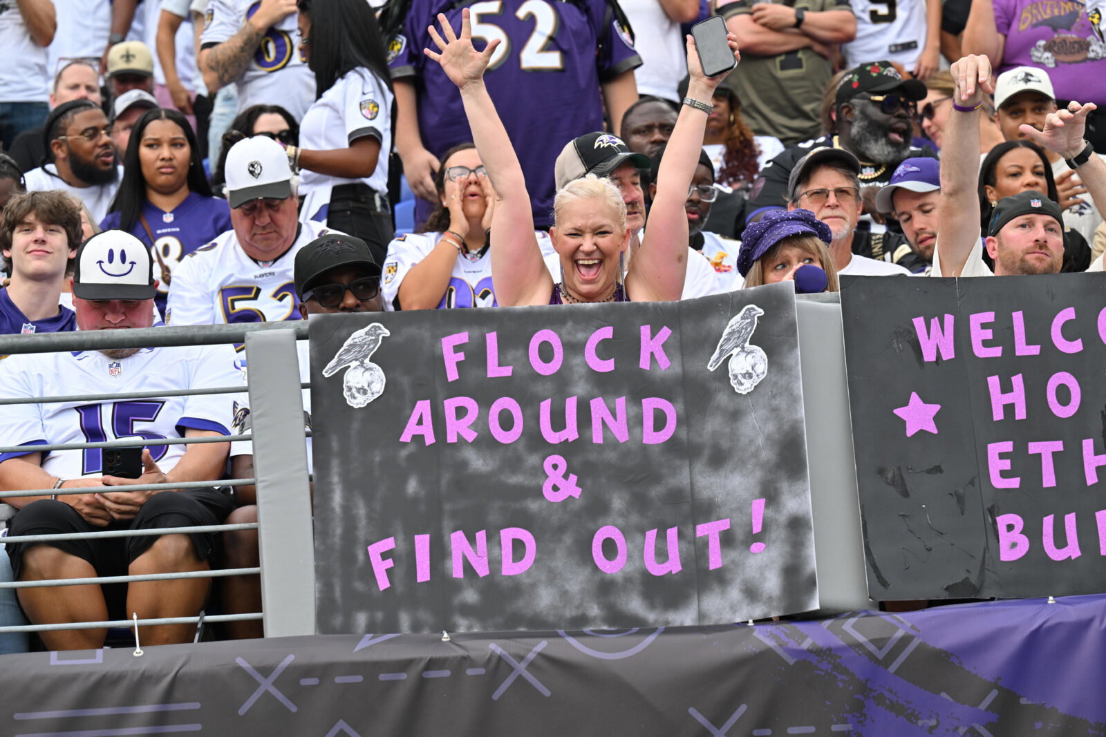 Sep 20, 2026; Baltimore, Maryland, USA; Baltimore Ravens fans cheer in the second half against the New Orleans Saints at M&T Bank Stadium. Mandatory Credit: Jamie Sabau-Imagn Images