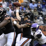 Sep 20, 2026; Chicago, Illinois, USA; Chicago Bears quarterback Tyson Bagent (17) throws a pass against Minnesota Vikings linebacker Dallas Turner (15) during the fourth quarter at Soldier Field. Mandatory Credit: Matt Marton-Imagn Images