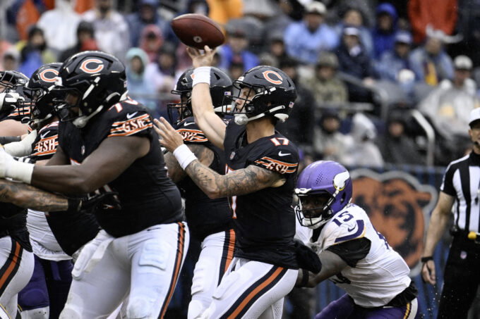 Sep 20, 2026; Chicago, Illinois, USA; Chicago Bears quarterback Tyson Bagent (17) throws a pass against Minnesota Vikings linebacker Dallas Turner (15) during the fourth quarter at Soldier Field. Mandatory Credit: Matt Marton-Imagn Images