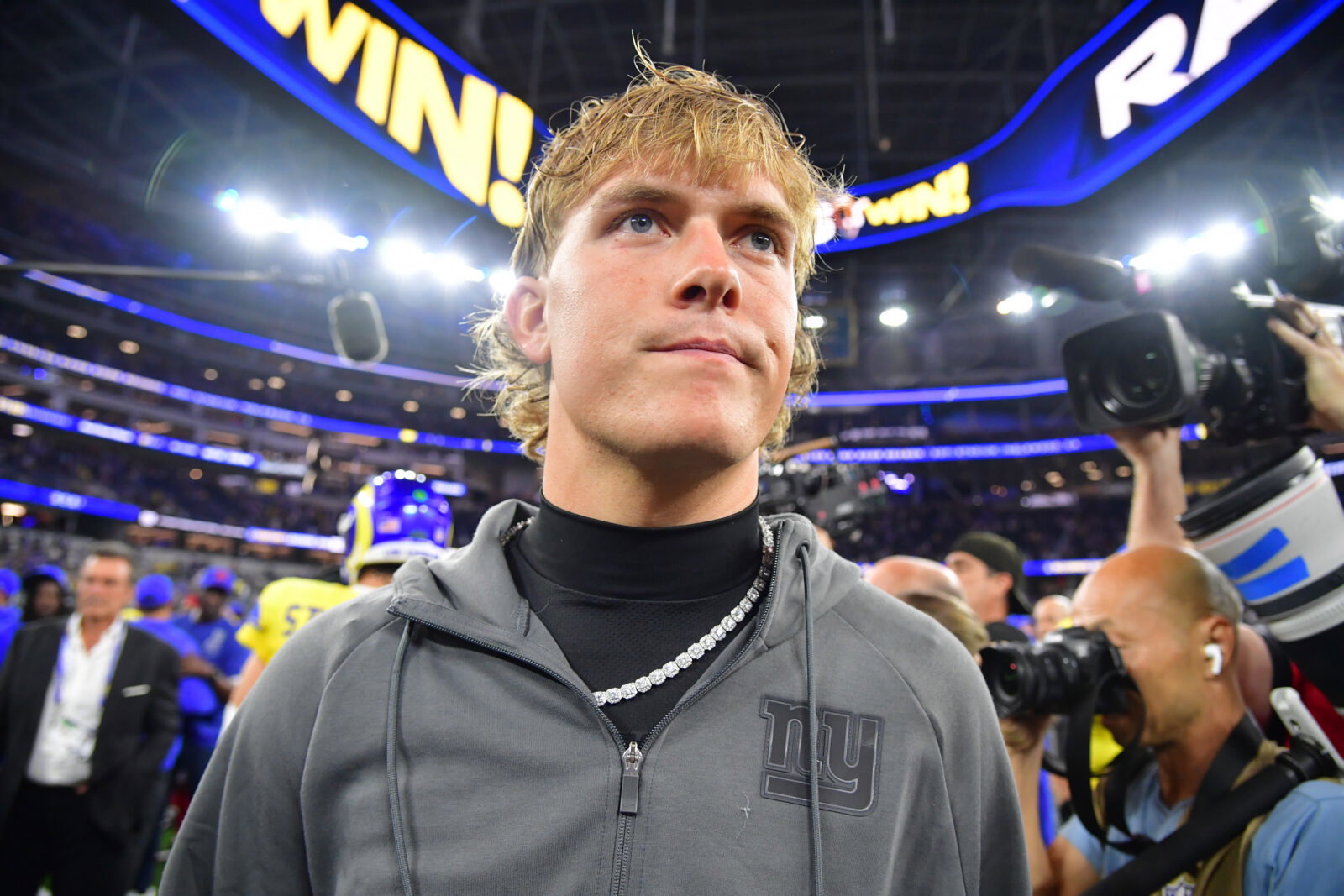 Sep 21, 2026; Inglewood, California, USA; New York Giants quarterback Jaxson Dart (6) after losing to the Los Angeles Rams at SoFi Stadium. Mandatory Credit: Gary A. Vasquez-Imagn Images