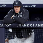 Sep 22, 2026; Bronx, New York, USA; New York Yankees injured right fielder Aaron Judge (99) watches from the dugout during the third inning against the Tampa Bay Rays at Yankee Stadium. Mandatory Credit: Brad Penner-Imagn Images