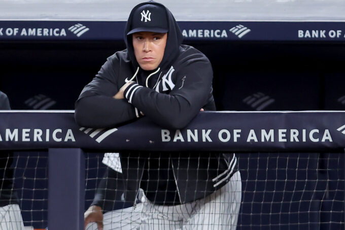 Sep 22, 2026; Bronx, New York, USA; New York Yankees injured right fielder Aaron Judge (99) watches from the dugout during the third inning against the Tampa Bay Rays at Yankee Stadium. Mandatory Credit: Brad Penner-Imagn Images