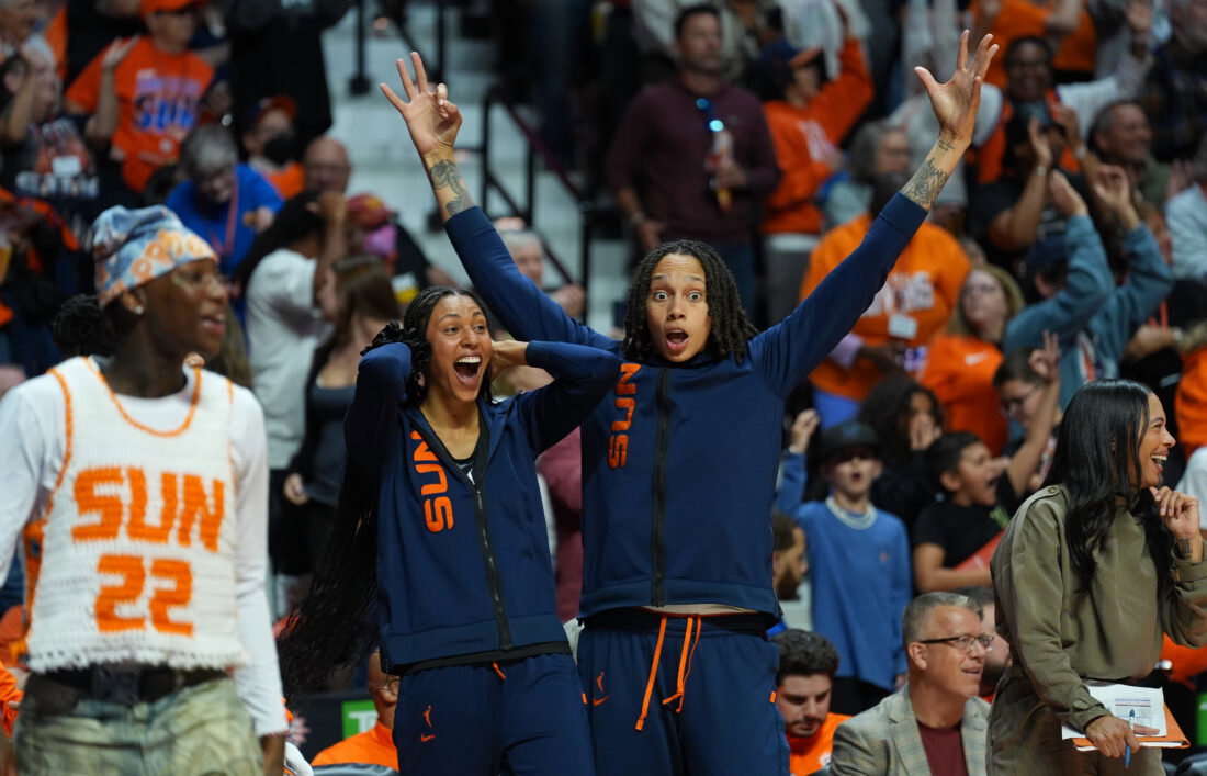 Sep 24, 2026; Uncasville, Connecticut, USA; Connecticut Sun center Brittney Griner (42) and center Olivia Nelson-Ododa (10) react after a three point basket against the Toronto Tempo in the second half at Mohegan Sun Arena. Mandatory Credit: David Butler II-Imagn Images