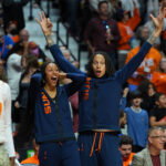 Sep 24, 2026; Uncasville, Connecticut, USA; Connecticut Sun center Brittney Griner (42) and center Olivia Nelson-Ododa (10) react after a three point basket against the Toronto Tempo in the second half at Mohegan Sun Arena. Mandatory Credit: David Butler II-Imagn Images