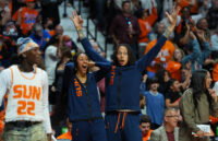 Sep 24, 2026; Uncasville, Connecticut, USA; Connecticut Sun center Brittney Griner (42) and center Olivia Nelson-Ododa (10) react after a three point basket against the Toronto Tempo in the second half at Mohegan Sun Arena. Mandatory Credit: David Butler II-Imagn Images
