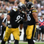 Sep 27, 2026; Pittsburgh, Pennsylvania, USA; Pittsburgh Steelers defensive tackle Cameron Heyward (97) and linebacker Alex Highsmith (56) celebrate after a play during the fourth quarter against the Cincinnati Bengals at Acrisure Stadium. Mandatory Credit: Barry Reeger-Imagn Images
