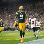 Sep 24, 2026; Green Bay, Wisconsin, USA; Green Bay Packers wide receiver Christian Watson (9) after scoring touchdown during the game against the Atlanta Falcons at Lambeau Field. Mandatory Credit: Jeff Hanisch-Imagn Images