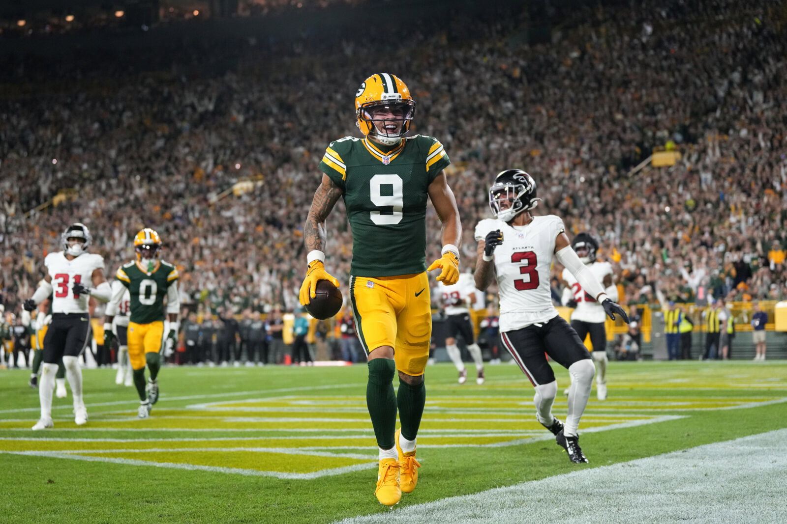 Sep 24, 2026; Green Bay, Wisconsin, USA; Green Bay Packers wide receiver Christian Watson (9) after scoring touchdown during the game against the Atlanta Falcons at Lambeau Field. Mandatory Credit: Jeff Hanisch-Imagn Images