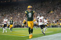Sep 24, 2026; Green Bay, Wisconsin, USA; Green Bay Packers wide receiver Christian Watson (9) after scoring touchdown during the game against the Atlanta Falcons at Lambeau Field. Mandatory Credit: Jeff Hanisch-Imagn Images