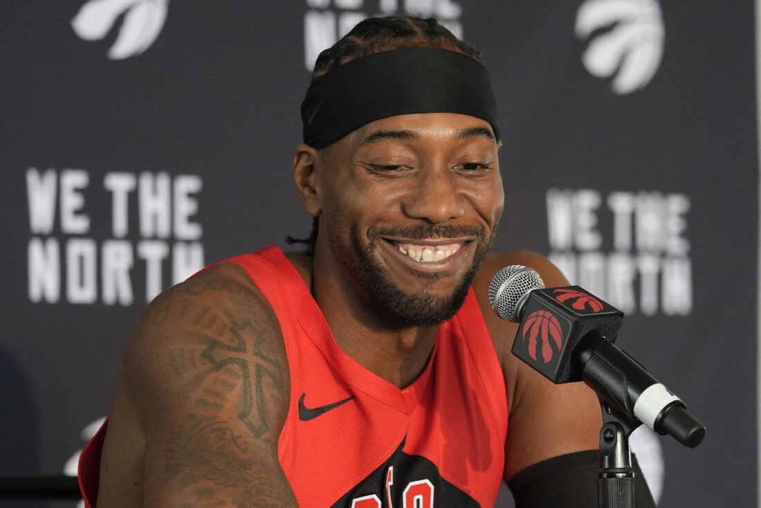 Sep 28, 2026; Toronto, ON, Canada; Toronto Raptors forward Kawhi Leonard (2) talks to the media during Toronto Raptors-Media Day at Hotel-X. Mandatory Credit: John E. Sokolowski-Imagn Images