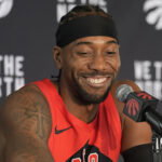 Sep 28, 2026; Toronto, ON, Canada; Toronto Raptors forward Kawhi Leonard (2) talks to the media during Toronto Raptors-Media Day at Hotel-X. Mandatory Credit: John E. Sokolowski-Imagn Images