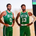 Sep 28, 2026; Boston, MA, USA; Boston Celtics forward/guard Jayson Tatum (0) with forward Paul George (13) during media day at Auerbach Center. Mandatory Credit: David Butler II-Imagn Images