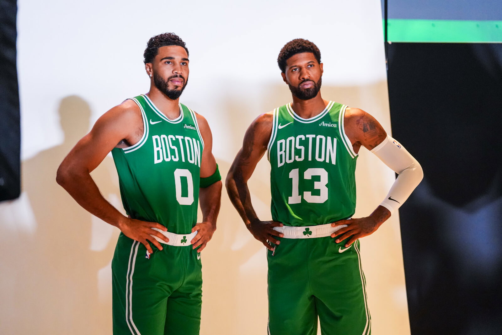 Sep 28, 2026; Boston, MA, USA; Boston Celtics forward/guard Jayson Tatum (0) with forward Paul George (13) during media day at Auerbach Center. Mandatory Credit: David Butler II-Imagn Images