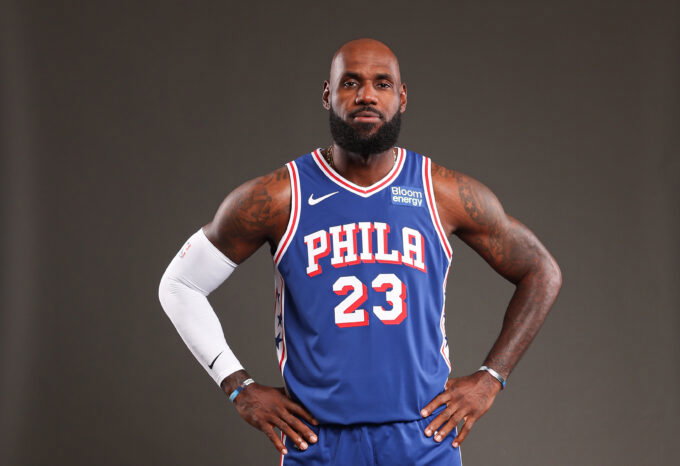Sep 28, 2026; Camden, NJ, USA; Philadelphia 76ers LeBron James poses for a photo during media day. Mandatory Credit: Bill Streicher-Imagn Images