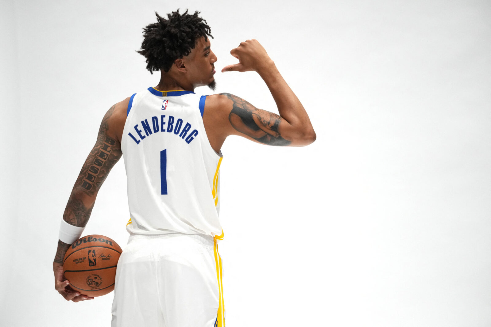 Sep 28, 2026; San Francisco, CA, USA; Golden State Warriors forward Yaxel Lendeborg (1) poses for a photo during Media Day at the Chase Center. Mandatory Credit: Cary Edmondson-Imagn Images