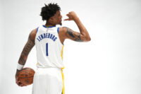 Sep 28, 2026; San Francisco, CA, USA; Golden State Warriors forward Yaxel Lendeborg (1) poses for a photo during Media Day at the Chase Center. Mandatory Credit: Cary Edmondson-Imagn Images