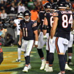Sep 28, 2026; Chicago, Illinois, USA; Chicago Bears quarterback Case Keenum (11) celebrates after scoring a touchdown against the Philadelphia Eagles during the second halfat Soldier Field. Mandatory
