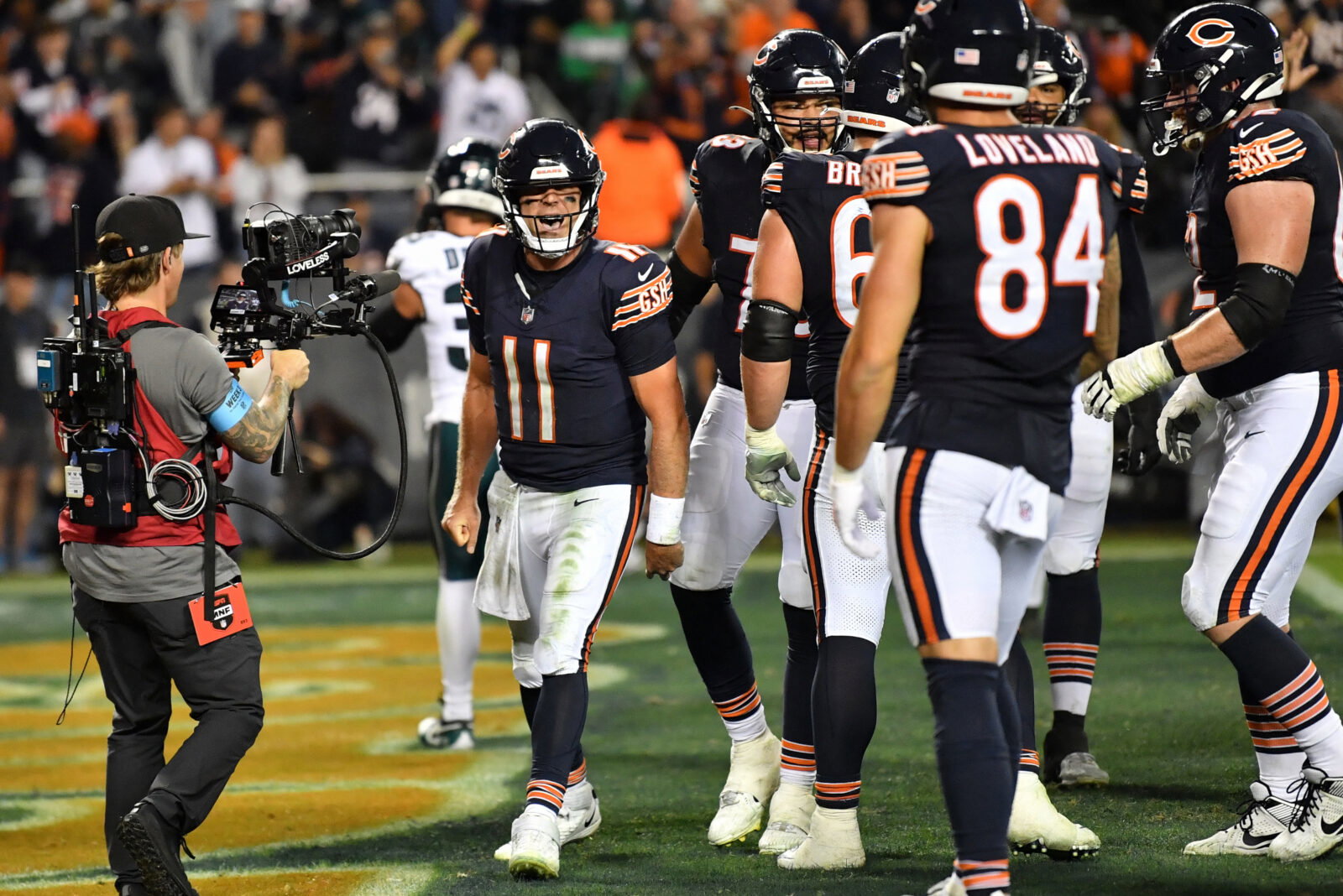 Sep 28, 2026; Chicago, Illinois, USA; Chicago Bears quarterback Case Keenum (11) celebrates after scoring a touchdown against the Philadelphia Eagles during the second halfat Soldier Field. Mandatory