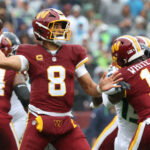 Sep 27, 2026; Landover, Maryland, USA; Washington Commanders quarterback Marcus Mariota (8) passes the ball against the Seattle Seahawks at Northwest Stadium. Mandatory