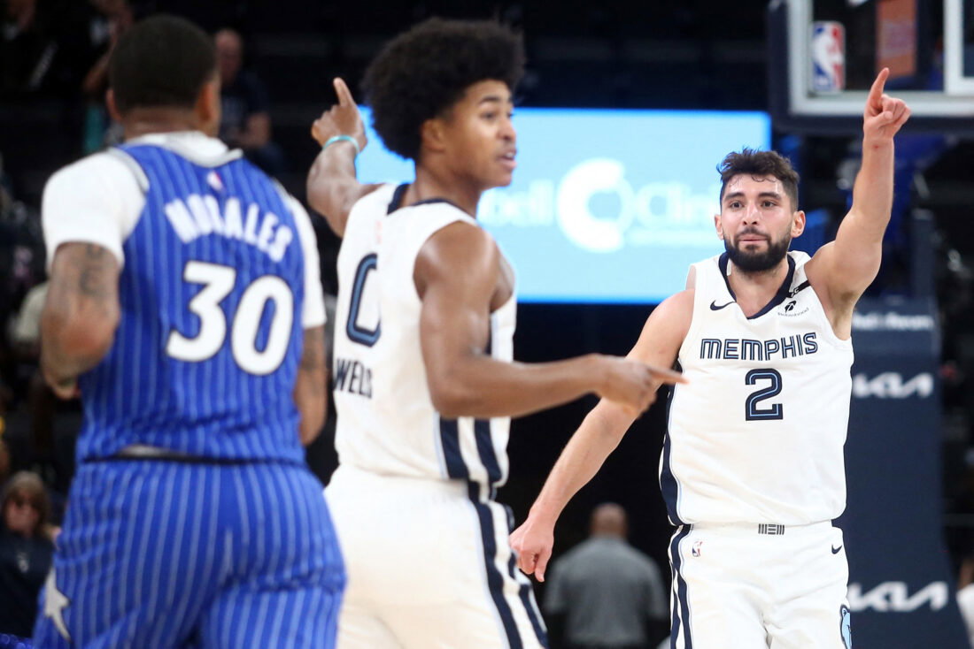 Oct 7, 2026; Memphis, Tennessee, USA; Memphis Grizzlies guard Ty Jerome (2) reacts during the third quarter against the Orlando Magic at FedExForum. Mandatory Credit: Petre Thomas-Imagn Images