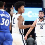 Oct 7, 2026; Memphis, Tennessee, USA; Memphis Grizzlies guard Ty Jerome (2) reacts during the third quarter against the Orlando Magic at FedExForum. Mandatory Credit: Petre Thomas-Imagn Images