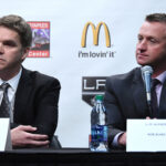 Apr 11, 2017; Los Angeles, CA, USA; Los Angeles Kings president Luc Robitaille (left) and general manager Rob Blake are introduced during press conference at the Staples Center. Mandatory Credit: Kirby Lee-USA TODAY Sports