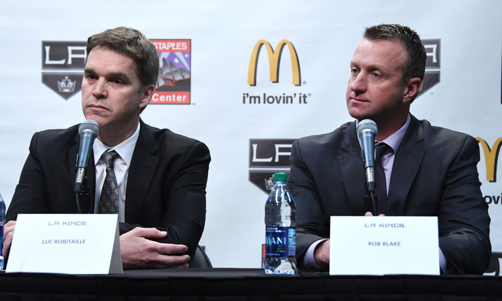 Apr 11, 2017; Los Angeles, CA, USA; Los Angeles Kings president Luc Robitaille (left) and general manager Rob Blake are introduced during press conference at the Staples Center. Mandatory Credit: Kirby Lee-USA TODAY Sports
