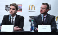 Apr 11, 2017; Los Angeles, CA, USA; Los Angeles Kings president Luc Robitaille (left) and general manager Rob Blake are introduced during press conference at the Staples Center. Mandatory Credit: Kirby Lee-USA TODAY Sports