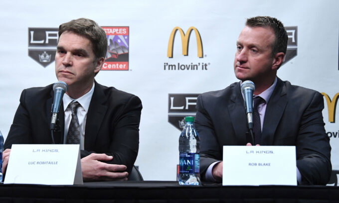 Apr 11, 2017; Los Angeles, CA, USA; Los Angeles Kings president Luc Robitaille (left) and general manager Rob Blake are introduced during press conference at the Staples Center. Mandatory Credit: Kirby Lee-USA TODAY Sports