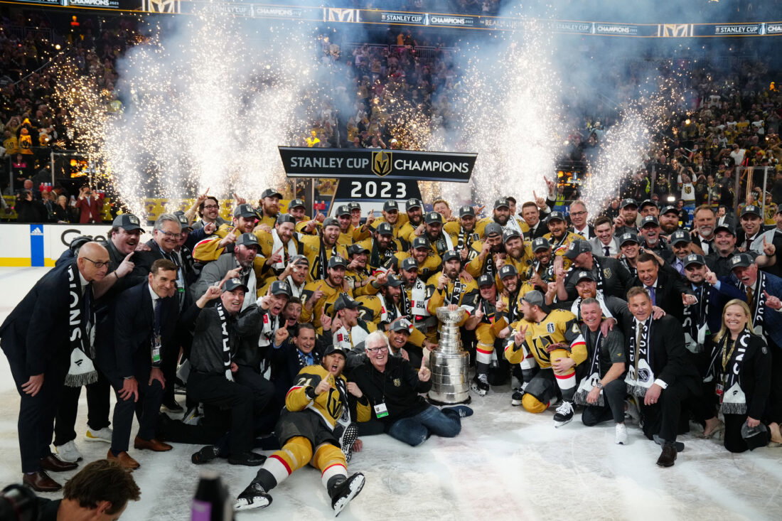 Jun 13, 2023; Las Vegas, Nevada, USA; The Vegas Golden Knights pose with the Stanley Cup after defeating the Florida Panthers in game five of the 2023 Stanley Cup Final at T-Mobile Arena. Mandatory Credit: Stephen R. Sylvanie-USA TODAY Sports
