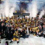 Jun 13, 2023; Las Vegas, Nevada, USA; The Vegas Golden Knights pose with the Stanley Cup after defeating the Florida Panthers in game five of the 2023 Stanley Cup Final at T-Mobile Arena. Mandatory Credit: Stephen R. Sylvanie-USA TODAY Sports