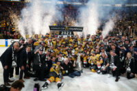 Jun 13, 2023; Las Vegas, Nevada, USA; The Vegas Golden Knights pose with the Stanley Cup after defeating the Florida Panthers in game five of the 2023 Stanley Cup Final at T-Mobile Arena. Mandatory Credit: Stephen R. Sylvanie-USA TODAY Sports