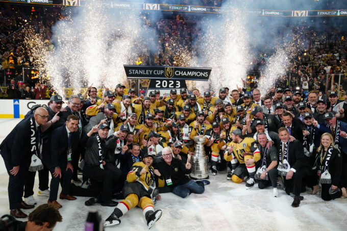 Jun 13, 2023; Las Vegas, Nevada, USA; The Vegas Golden Knights pose with the Stanley Cup after defeating the Florida Panthers in game five of the 2023 Stanley Cup Final at T-Mobile Arena. Mandatory Credit: Stephen R. Sylvanie-USA TODAY Sports
