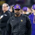 Jan 13, 2025; Glendale, AZ, USA; Minnesota Vikings defensive coordinator Brian Flores against the Los Angeles Rams during an NFC wild card game at State Farm Stadium. Mandatory Credit: Mark J. Rebilas-Imagn Images