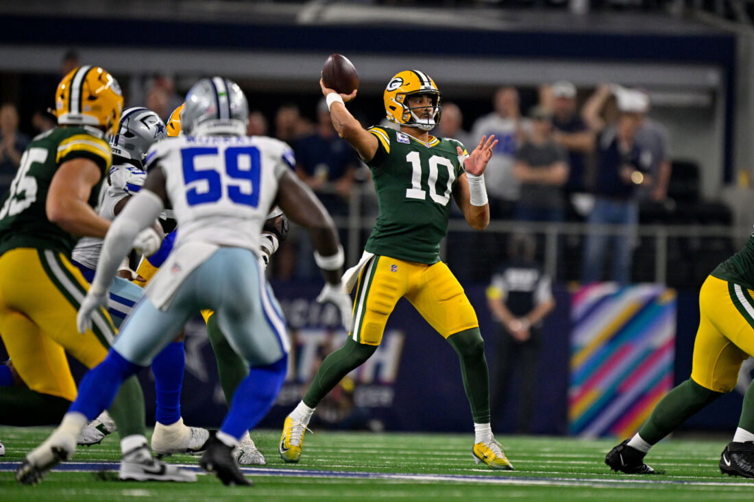 Sep 28, 2025; Arlington, Texas, USA; Green Bay Packers quarterback Jordan Love (10) passes the ball during the game between the Dallas Cowboys and the Green Bay Packers at AT&T Stadium. Mandatory Credit: Jerome Miron-Imagn Images