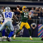 Sep 28, 2025; Arlington, Texas, USA; Green Bay Packers quarterback Jordan Love (10) passes the ball during the game between the Dallas Cowboys and the Green Bay Packers at AT&T Stadium. Mandatory Credit: Jerome Miron-Imagn Images
