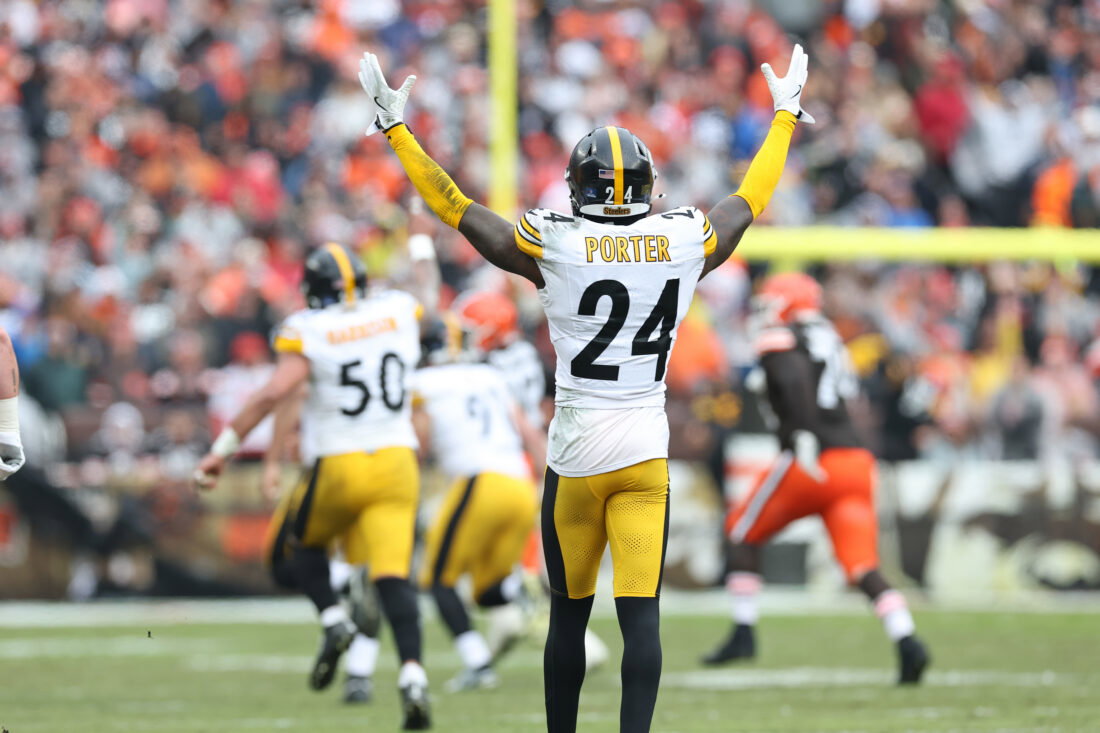 Dec 28, 2025; Cleveland, Ohio, USA; Pittsburgh Steelers cornerback Joey Porter Jr. (24) reacts in the second quarter against the Cleveland Browns at Huntington Bank Field. Mandatory Credit: Scott Galvin-Imagn Images