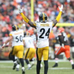 Dec 28, 2025; Cleveland, Ohio, USA; Pittsburgh Steelers cornerback Joey Porter Jr. (24) reacts in the second quarter against the Cleveland Browns at Huntington Bank Field. Mandatory Credit: Scott Galvin-Imagn Images