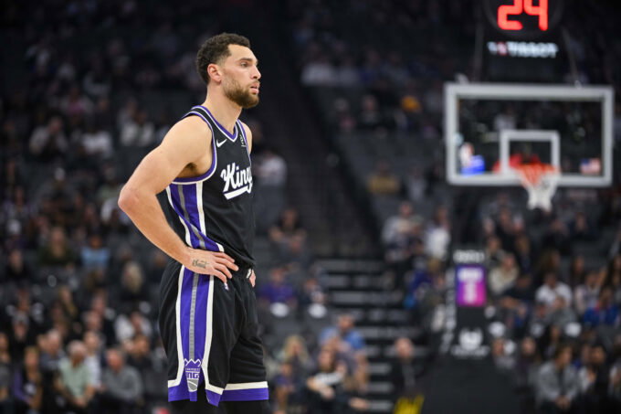 Feb 4, 2026; Sacramento, California, USA; Sacramento Kings guard Zach LaVine (8) during a free throw in the second quarter against the Memphis Grizzlies at Golden 1 Center. Mandatory Credit: Ed Szczepanski-Imagn Images