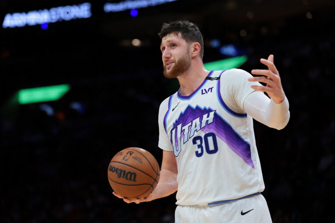 Feb 9, 2026; Miami, Florida, USA; Utah Jazz center Jusuf Nurkic (30) reacts against the Miami Heat during the second quarter at Kaseya Center. Mandatory Credit: Sam Navarro-Imagn Images