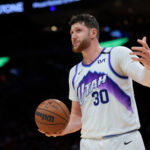 Feb 9, 2026; Miami, Florida, USA; Utah Jazz center Jusuf Nurkic (30) reacts against the Miami Heat during the second quarter at Kaseya Center. Mandatory Credit: Sam Navarro-Imagn Images