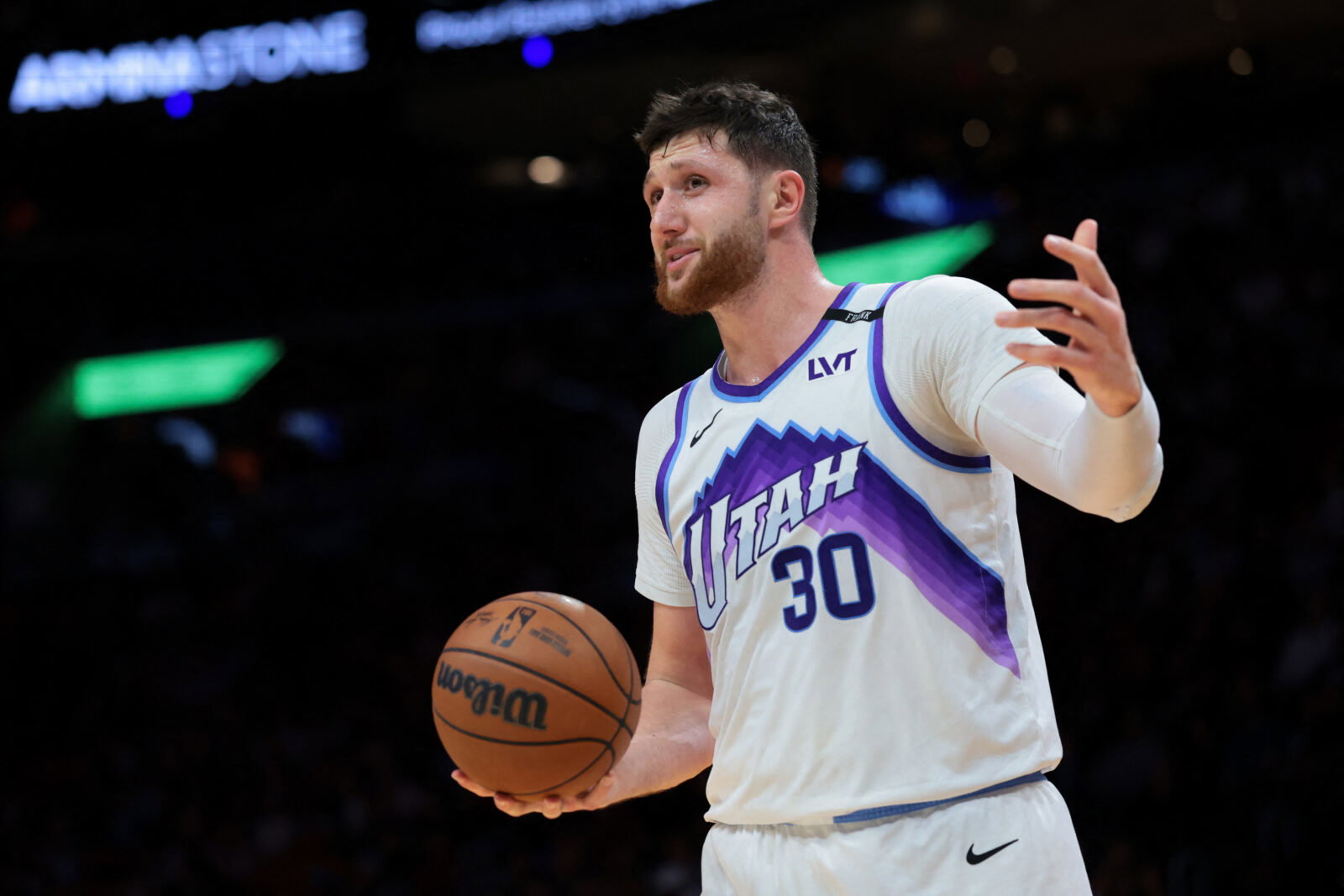 Feb 9, 2026; Miami, Florida, USA; Utah Jazz center Jusuf Nurkic (30) reacts against the Miami Heat during the second quarter at Kaseya Center. Mandatory Credit: Sam Navarro-Imagn Images