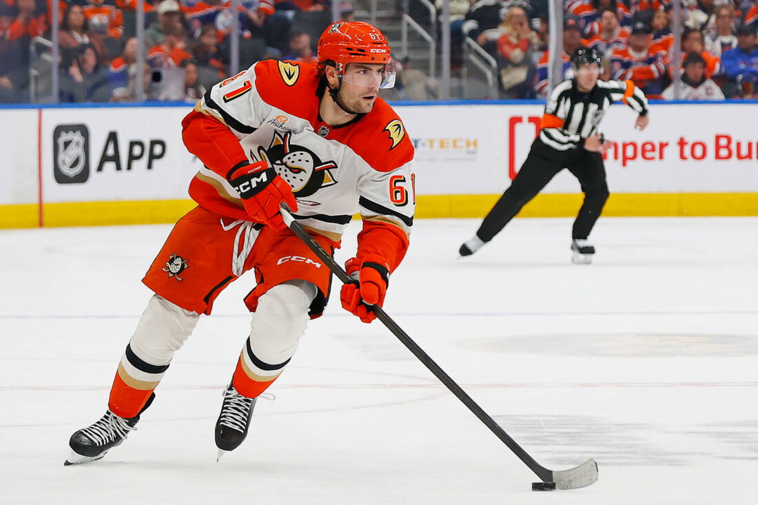 Apr 28, 2026; Edmonton, Alberta, CAN; Anaheim Ducks forward Cutter Gauthier (61) carries the puck up-ice against the Edmonton Oilers in game five of the first round of the 2026 Stanley Cup Playoffs at Rogers Place. Mandatory Credit: Perry Nelson-Imagn Images