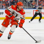 Apr 28, 2026; Edmonton, Alberta, CAN; Anaheim Ducks forward Cutter Gauthier (61) carries the puck up-ice against the Edmonton Oilers in game five of the first round of the 2026 Stanley Cup Playoffs at Rogers Place. Mandatory Credit: Perry Nelson-Imagn Images