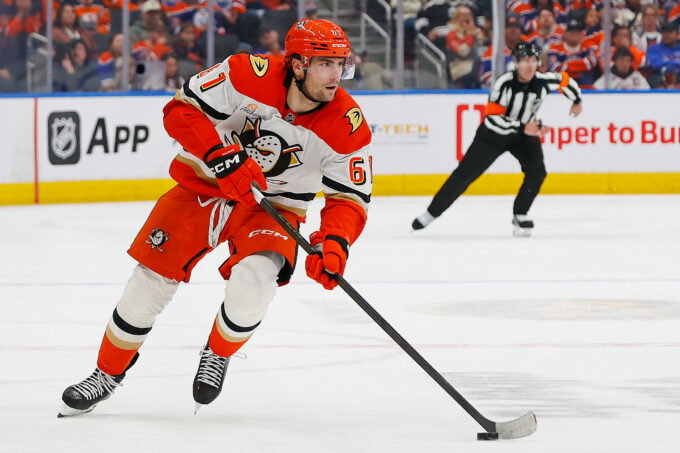 Apr 28, 2026; Edmonton, Alberta, CAN; Anaheim Ducks forward Cutter Gauthier (61) carries the puck up-ice against the Edmonton Oilers in game five of the first round of the 2026 Stanley Cup Playoffs at Rogers Place. Mandatory Credit: Perry Nelson-Imagn Images
