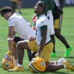Green Bay Packers wide receivers Christian Watson (9, back) and Matthew Golden (0) are shown during the first day of training camp Wednesday, July 29, 2026 in Green Bay, Wisconsin. It is the first of three consecutive public practices.