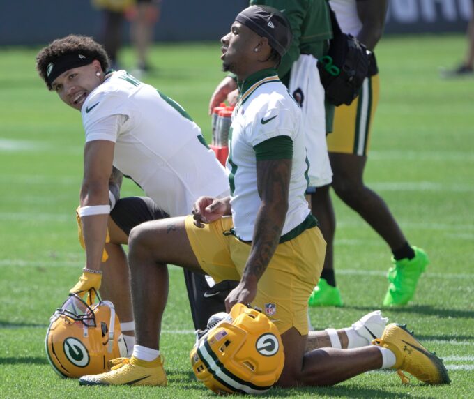 Green Bay Packers wide receivers Christian Watson (9, back) and Matthew Golden (0) are shown during the first day of training camp Wednesday, July 29, 2026 in Green Bay, Wisconsin. It is the first of three consecutive public practices.
