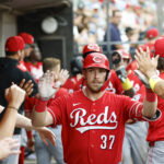 Aug 13, 2026; Chicago, Illinois, USA; Cincinnati Reds catcher Tyler Stephenson (37) celebrates with teammates after hitting a three-run home run against the Chicago White Sox during the fourth inning at Rate Field. Mandatory Credit: Kamil Krzaczynski-Imagn Images