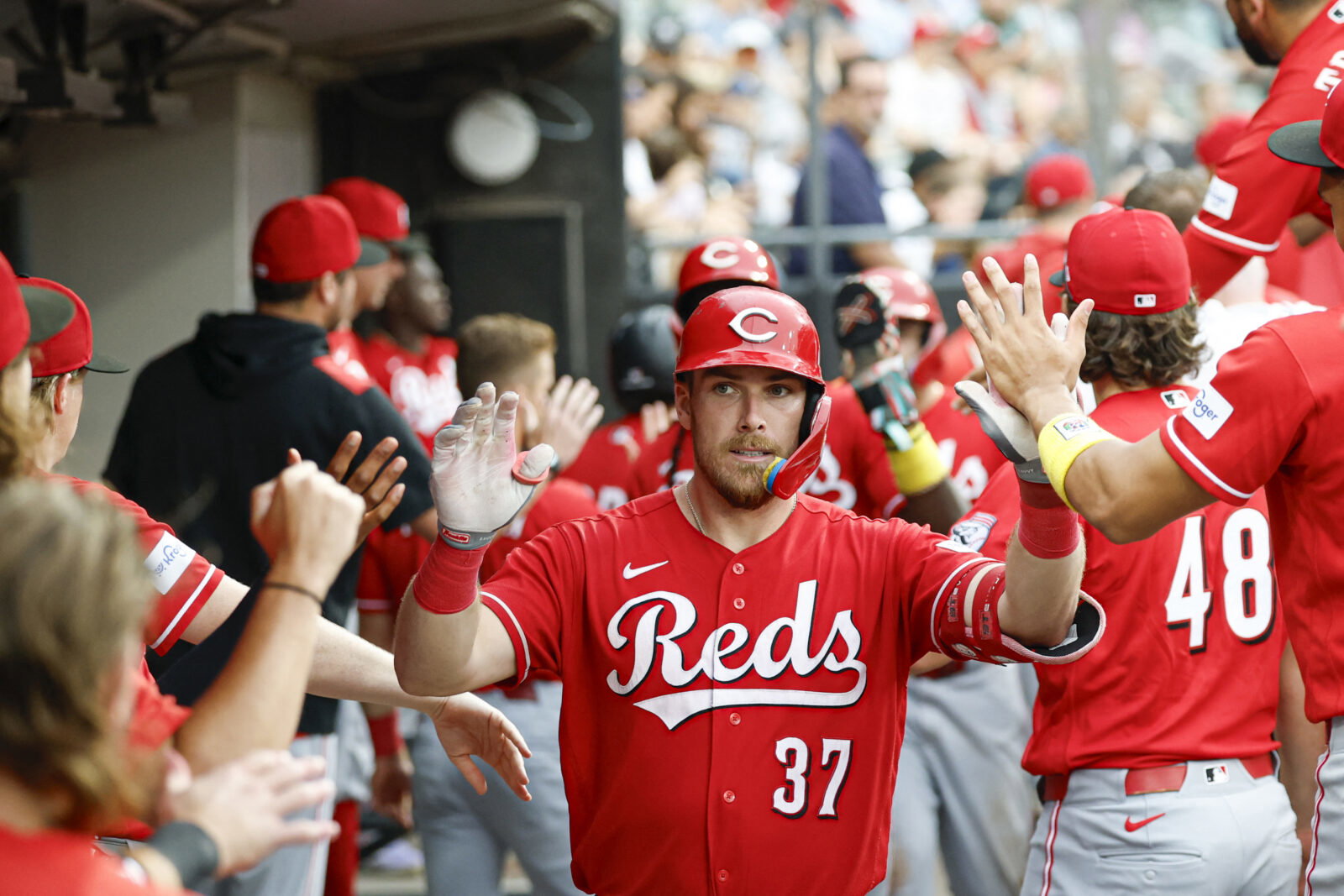 Aug 13, 2026; Chicago, Illinois, USA; Cincinnati Reds catcher Tyler Stephenson (37) celebrates with teammates after hitting a three-run home run against the Chicago White Sox during the fourth inning at Rate Field. Mandatory Credit: Kamil Krzaczynski-Imagn Images